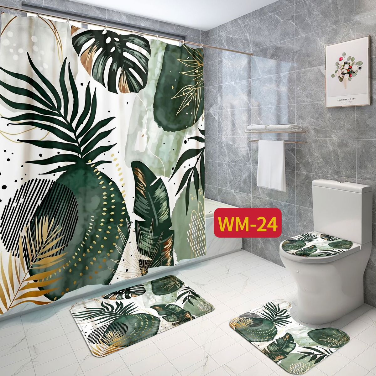 GENERICO - SET DE BAÑO IMPERMEABLE 4 PIEZAS CON DISEÑO PALMAS VERDES  WYN.