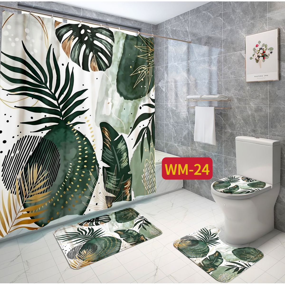 GENERICO - SET DE BAÑO IMPERMEABLE 4 PIEZAS CON DISEÑO PALMAS VERDES  WYN.