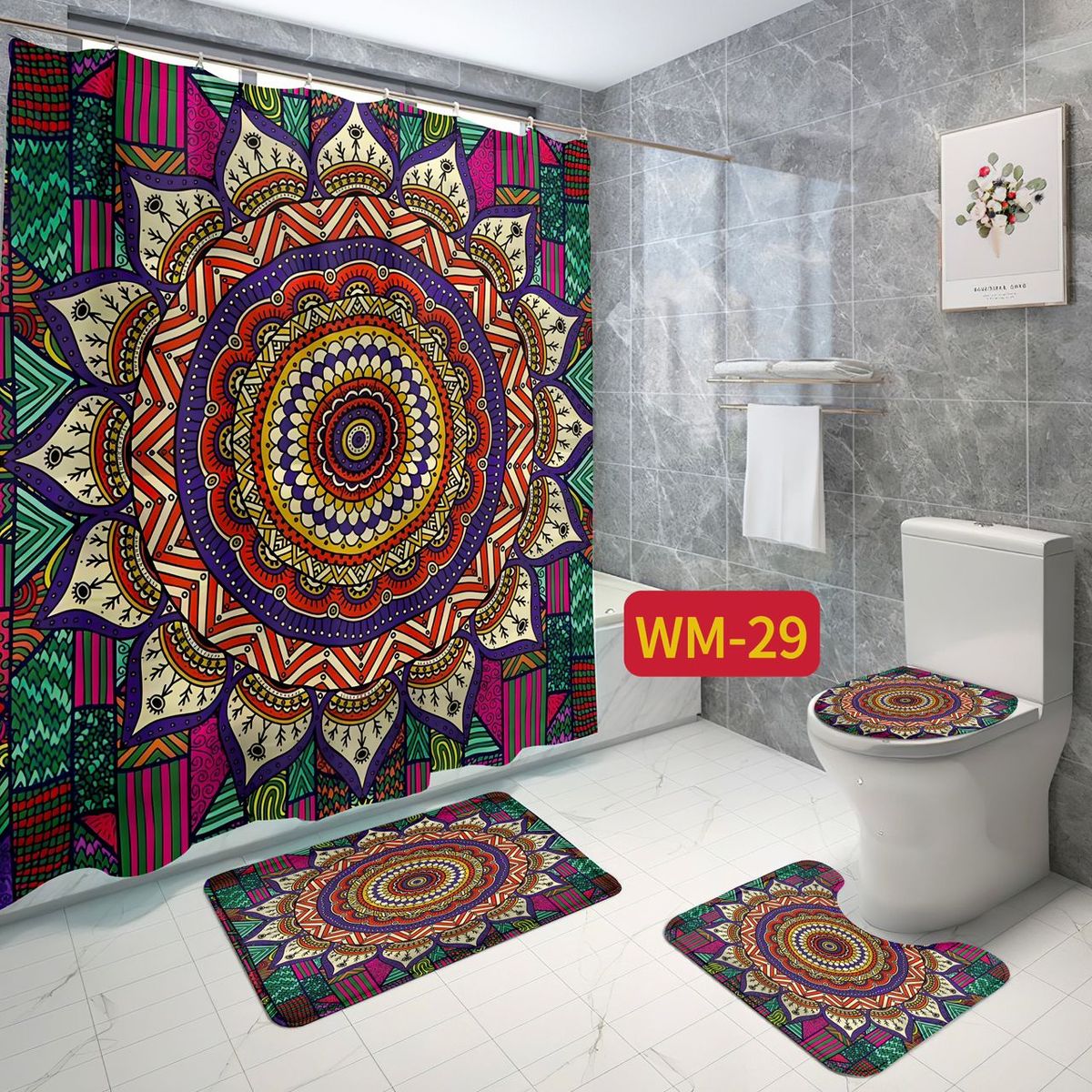 GENERICO - SET DE BAÑO IMPERMEABLE 4 PIEZAS CON DISEÑO MANDADA MULTICOLOR WYN