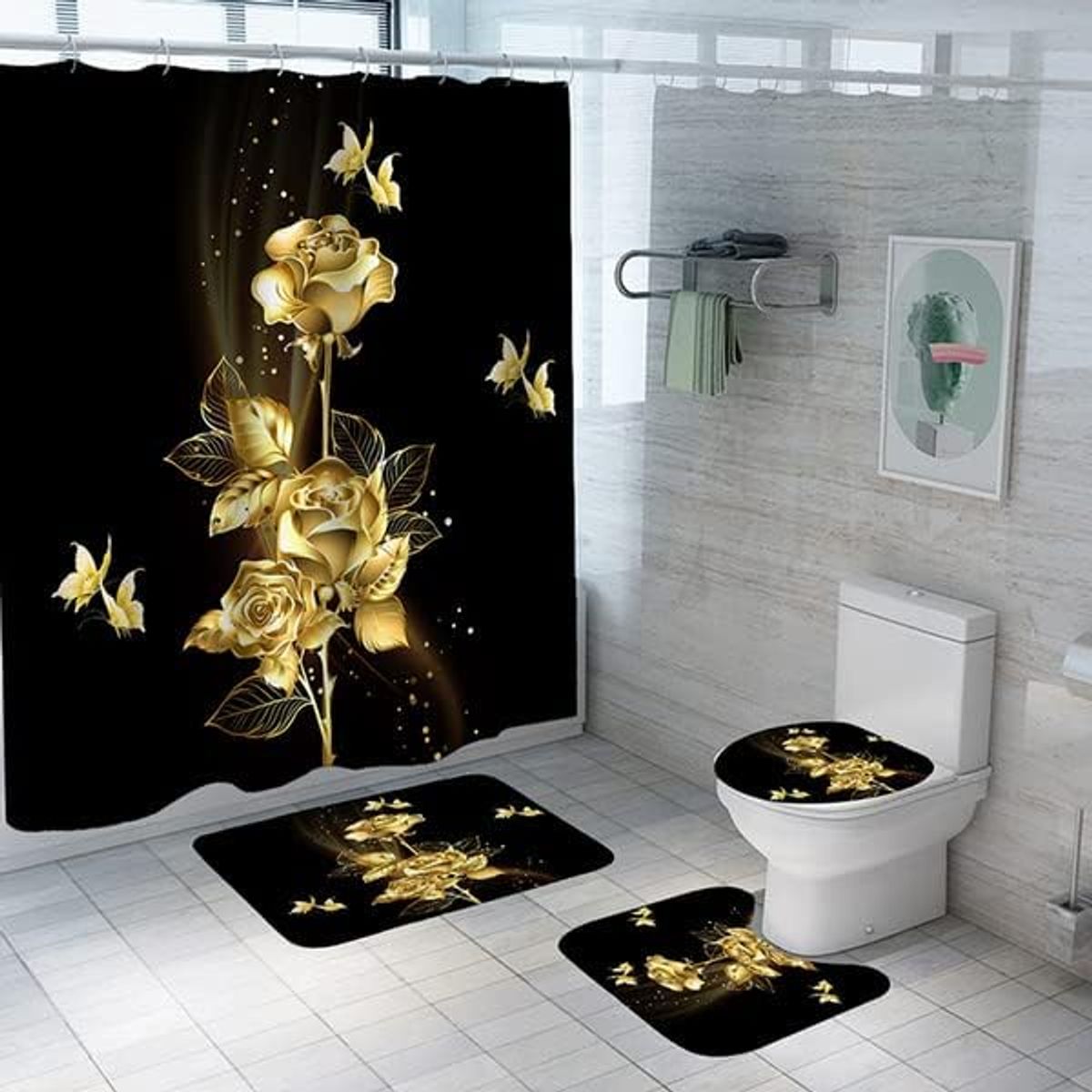 GENERICO - SET DE BAÑO IMPERMEABLE 4 PIEZAS CON DISEÑO NEGRO MARIPOSAS WYN