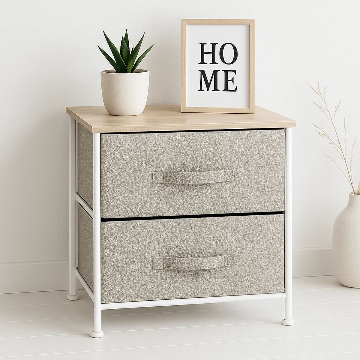 KLIK - Velador Cajonera 2 Cajones Metal Madera Tela Premium