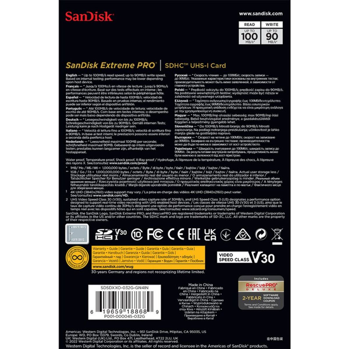 SANDISK - Tarjeta SD 32GB Extreme Pro R100MBs W90MBs 633X Sandisk