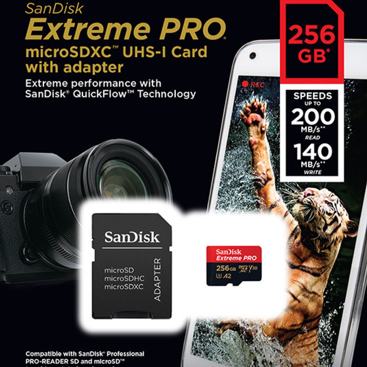 SANDISK - Tarjeta MicroSD 256GB Extreme Pro UHS-I U3 A2 Adaptador SD