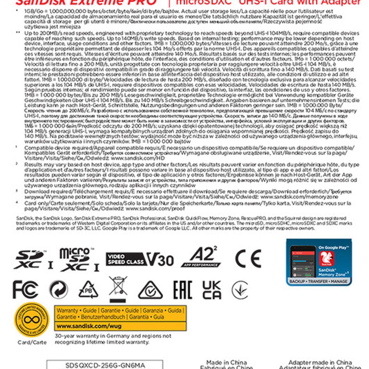 SANDISK - Tarjeta MicroSD 256GB Extreme Pro UHS-I U3 A2 Adaptador SD