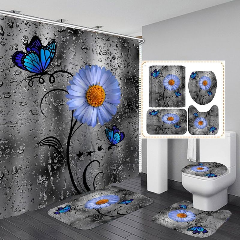 GENERICO - JUEGO DE TEXTIL DE BAÑO IMPERNEABLE 4 PIEZA CON DISEÑO FLOR AZUL.