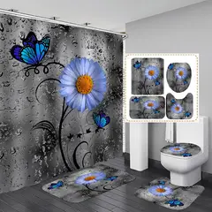 GENERICO - JUEGO DE TEXTIL DE BAÑO IMPERNEABLE 4 PIEZA CON DISEÑO FLOR AZUL.