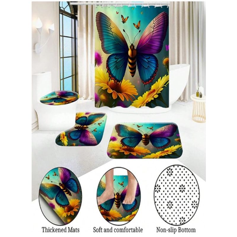 GENERICO - JUEGO DE TEXTIL DE BAÑO IMPERNEABLE 4 PIEZA CON DISEÑO COLORE MARIPOSA.