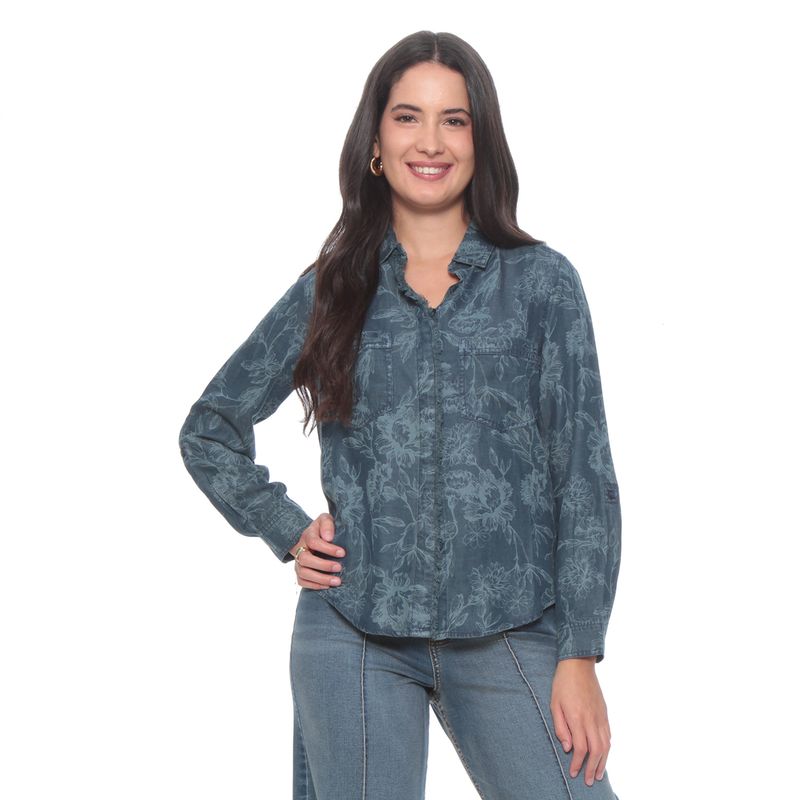 WADOS - BLUSA MANGA LARGA DENIM ESTAMPADO ABOTONADA EN DELANTERO