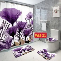 GENERICO - JUEGO DE TEXTIL DE BAÑO IMPERNEABLE 4 PIEZA CON DISEÑO TULIPAN LILA.