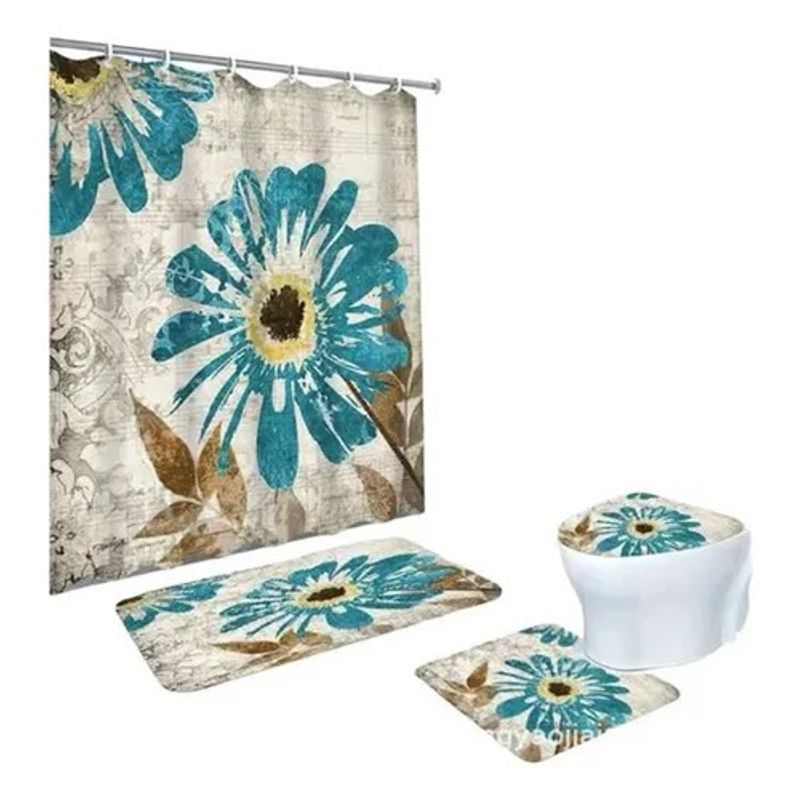 GENERICO - JUEGO DE TEXTIL DE BAÑO IMPERNEABLE 4 PIEZA CON DISEÑO FLOR CELESTE.