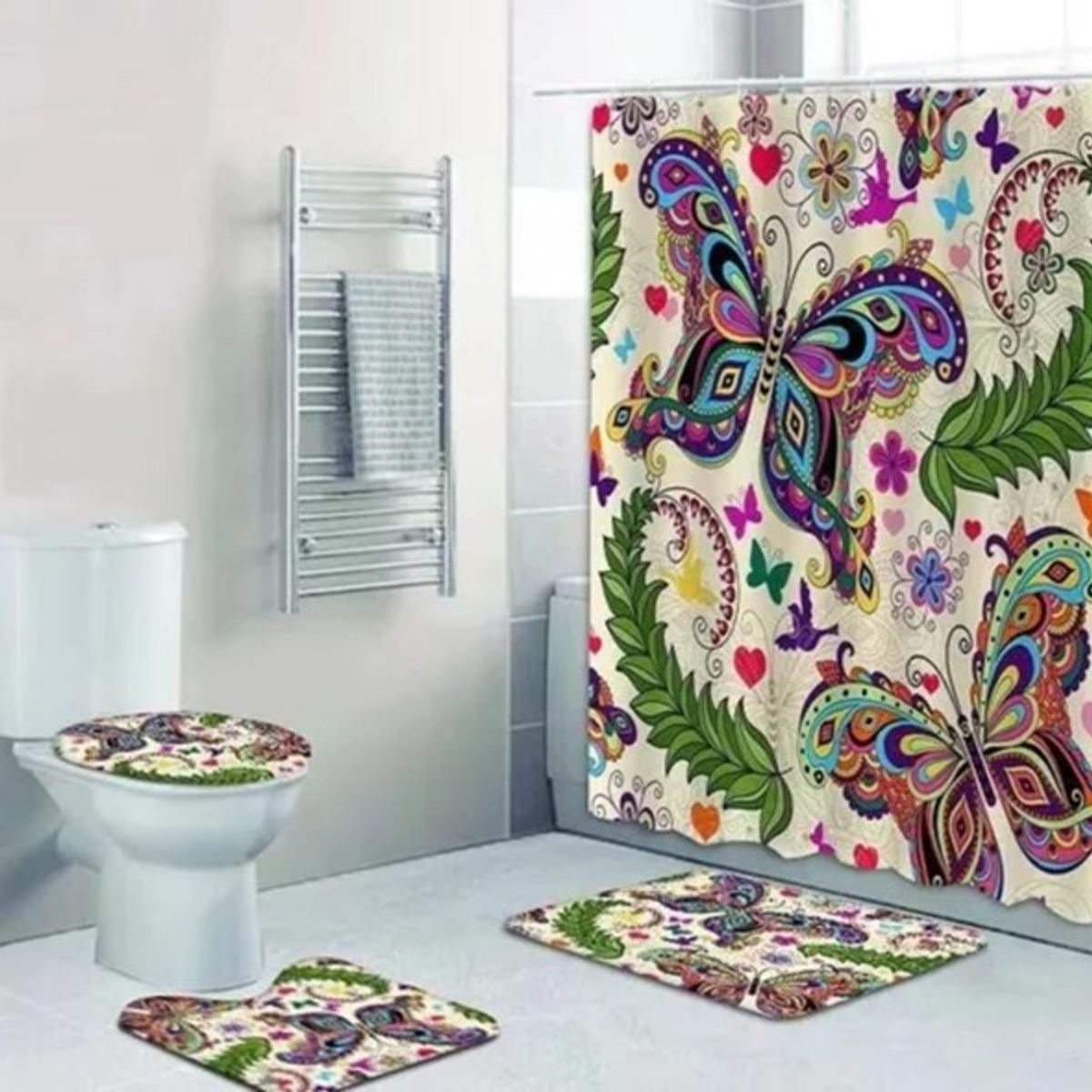GENERICO - JUEGO DE TEXTIL DE BAÑO IMPERNEABLE 4 PIEZA CON DISEÑO MARIPOSA.