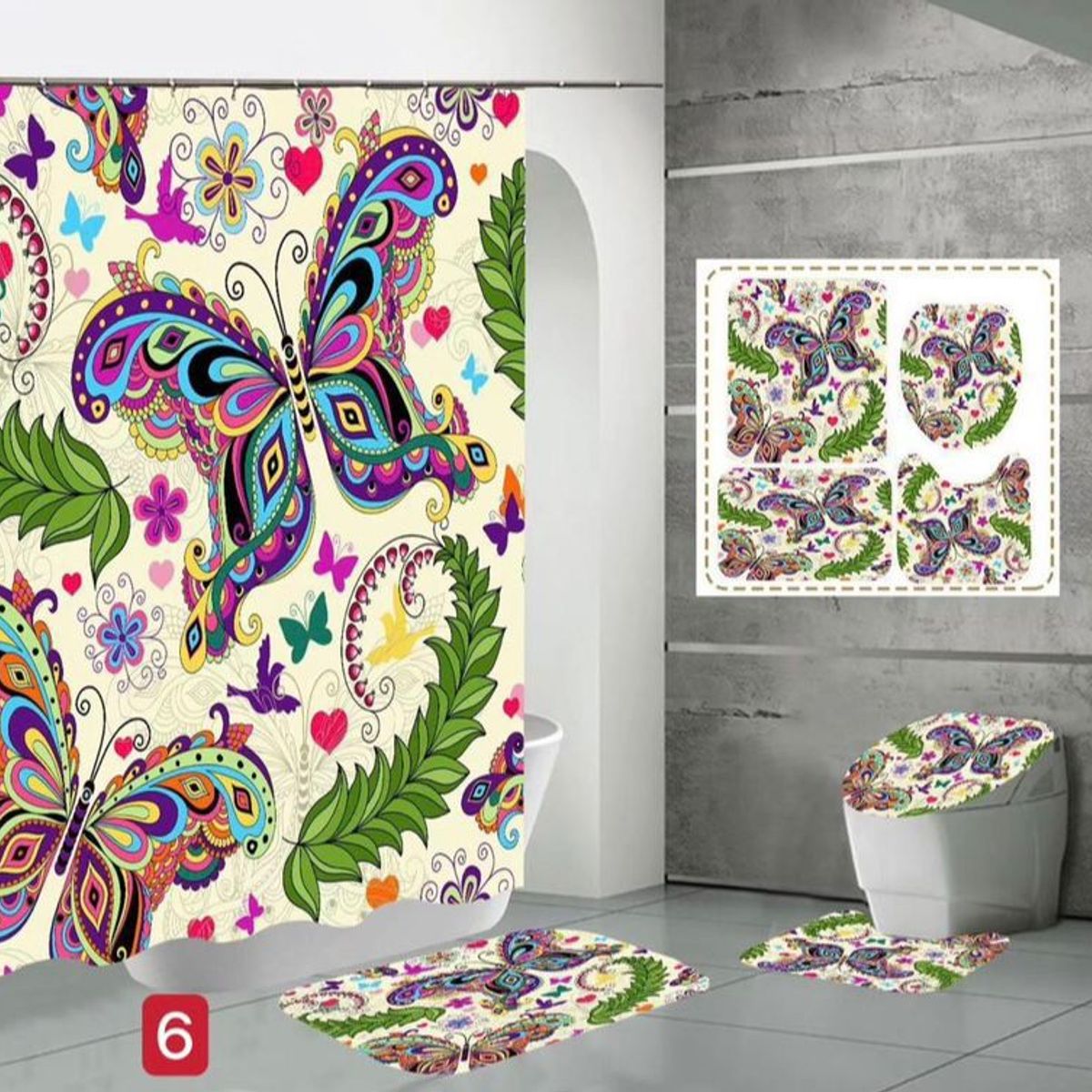 GENERICO - JUEGO DE TEXTIL DE BAÑO IMPERNEABLE 4 PIEZA CON DISEÑO MARIPOSA.