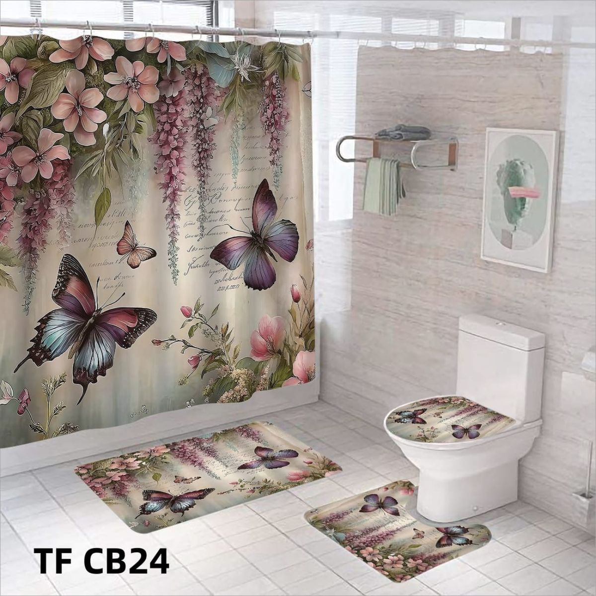 GENERICO - SET DE BAÑO COMPLETO 4 PIEZAS CON CORTINA IMPERMEABLE