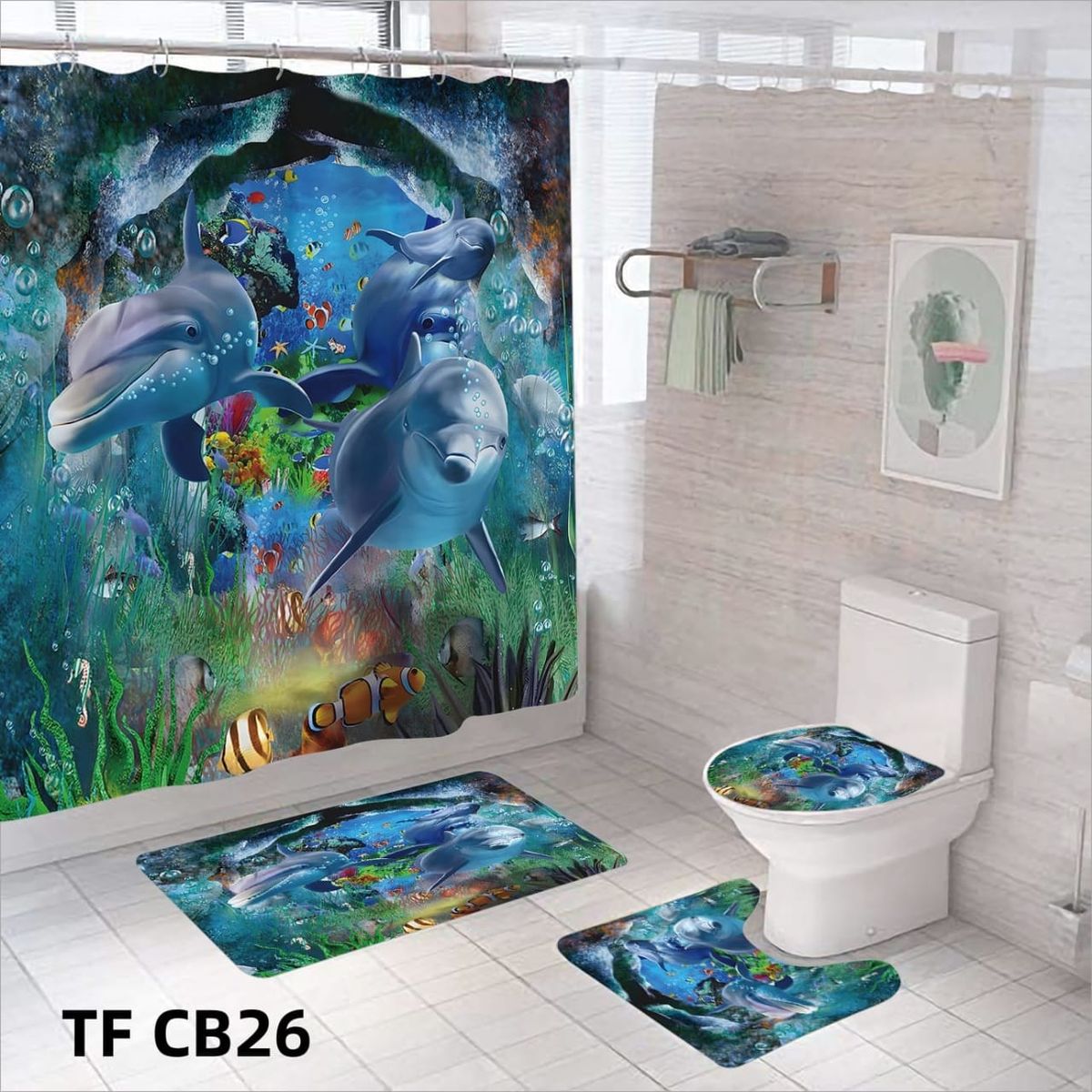 GENERICO - SET DE BAÑO COMPLETO 4 PIEZAS CON CORTINA IMPERMEABLE.