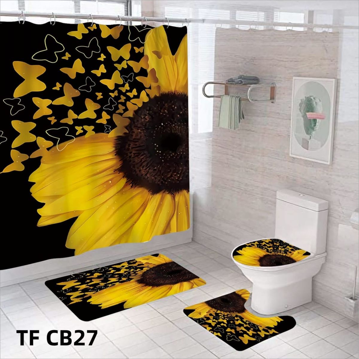 GENERICO - SET DE BAÑO COMPLETO 4 PIEZAS CON CORTINA IMPERMEABLE