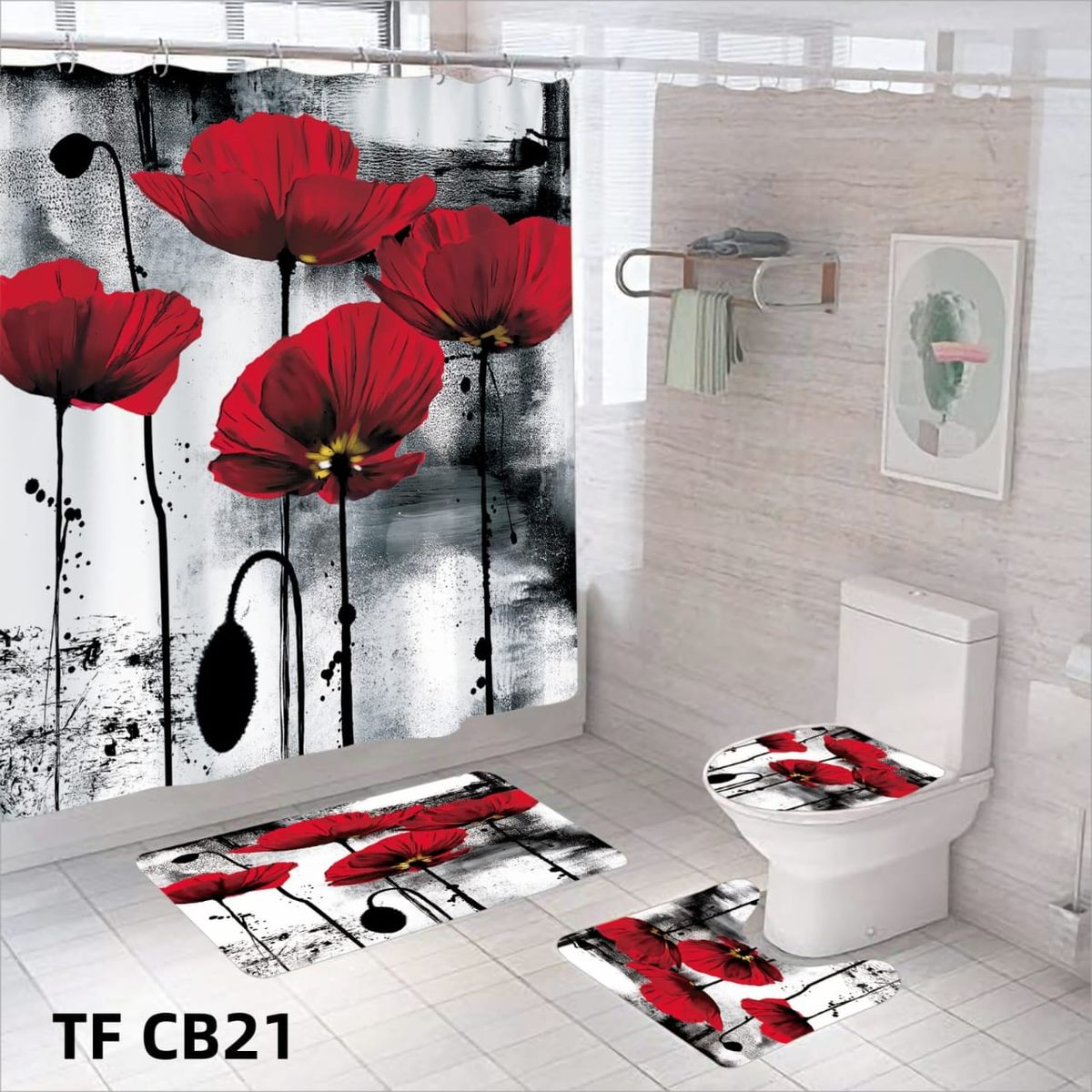 GENERICO - SET DE BAÑO COMPLETO 4 PIEZAS CON CORTINA IMPERMEABLE