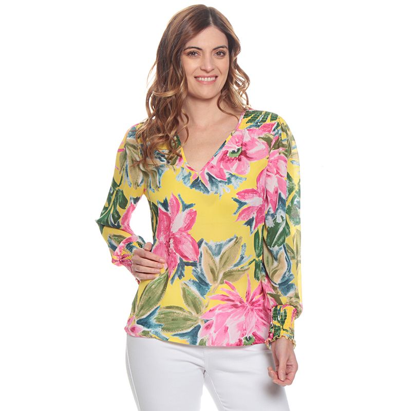 WADOS - BLUSA MANGA LARGA ELASTICADA ESTAMPADA ESCOTE V