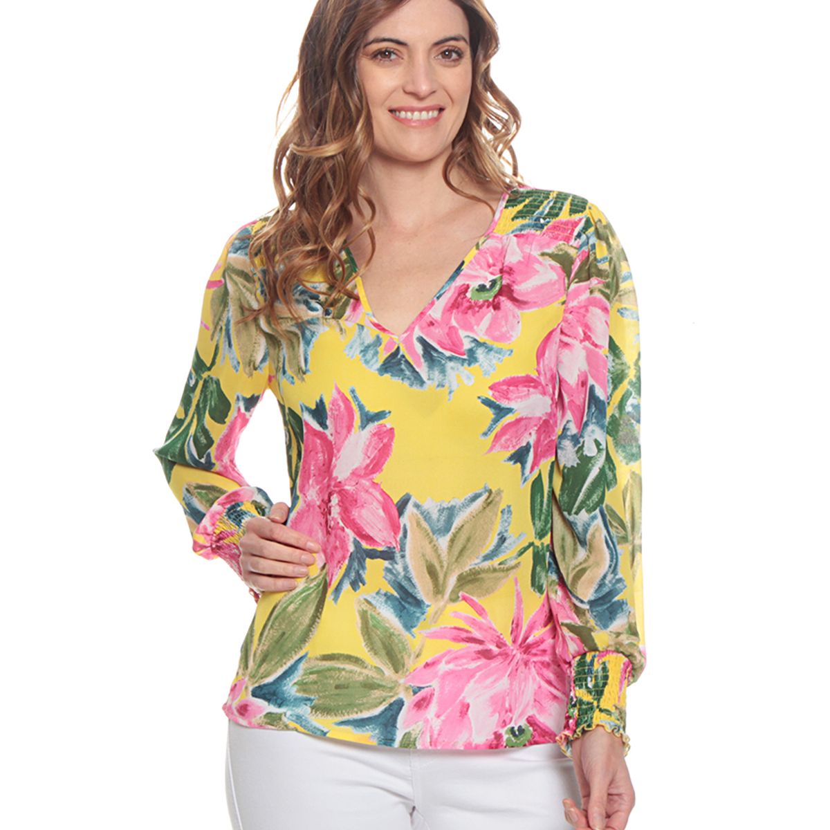 WADOS - BLUSA MANGA LARGA ELASTICADA ESTAMPADA ESCOTE V