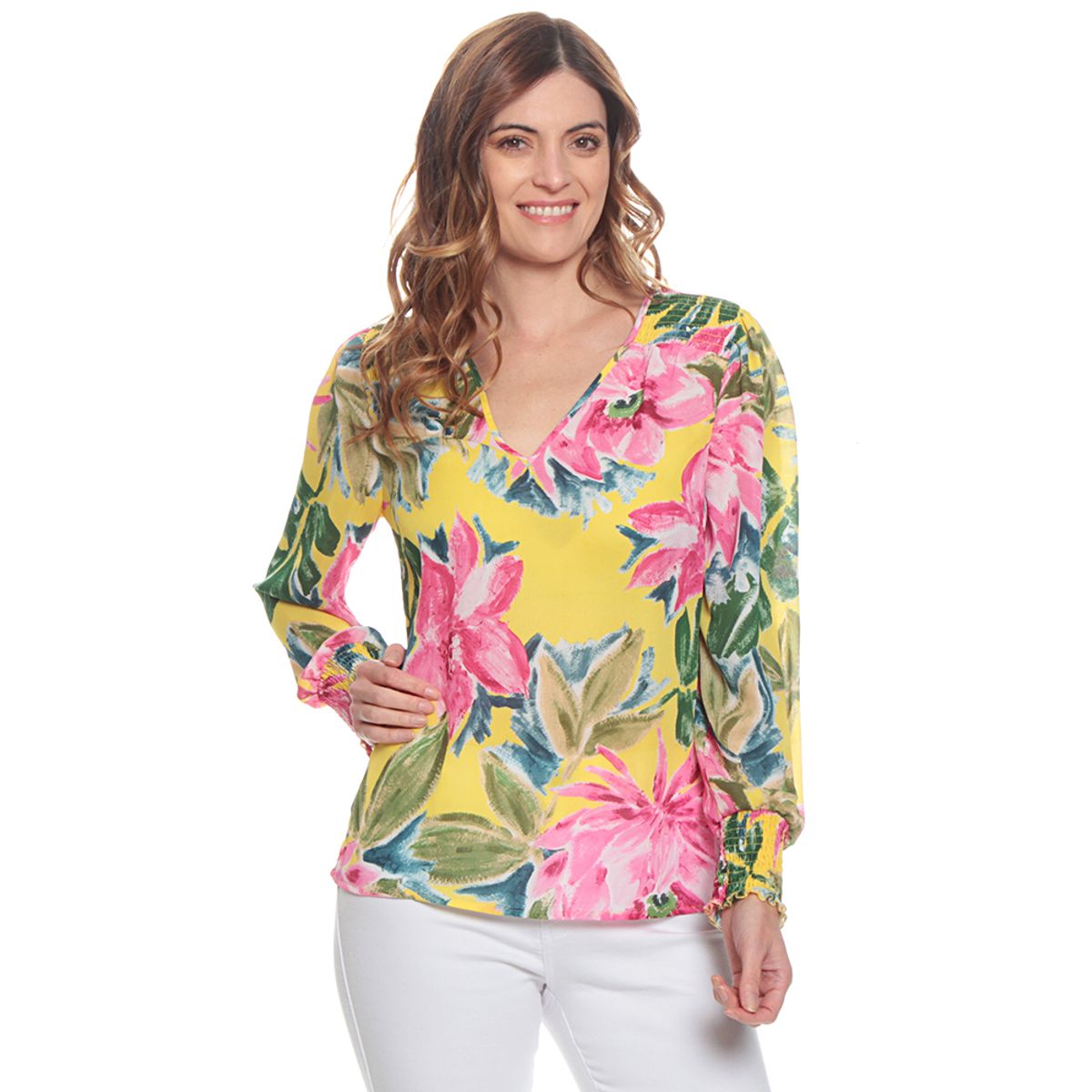 WADOS - BLUSA MANGA LARGA ELASTICADA ESTAMPADA ESCOTE V