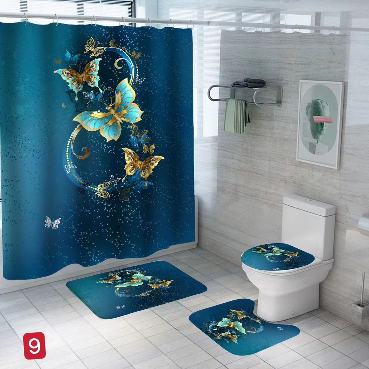 GENERICO - JUEGO DE TEXTIL DE BAÑO IMPERNEABLE 4 PIEZA CON DISEÑO MARIPOSAS.