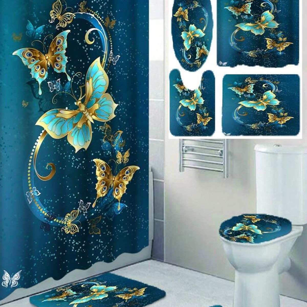 GENERICO - JUEGO DE TEXTIL DE BAÑO IMPERNEABLE 4 PIEZA CON DISEÑO MARIPOSAS.