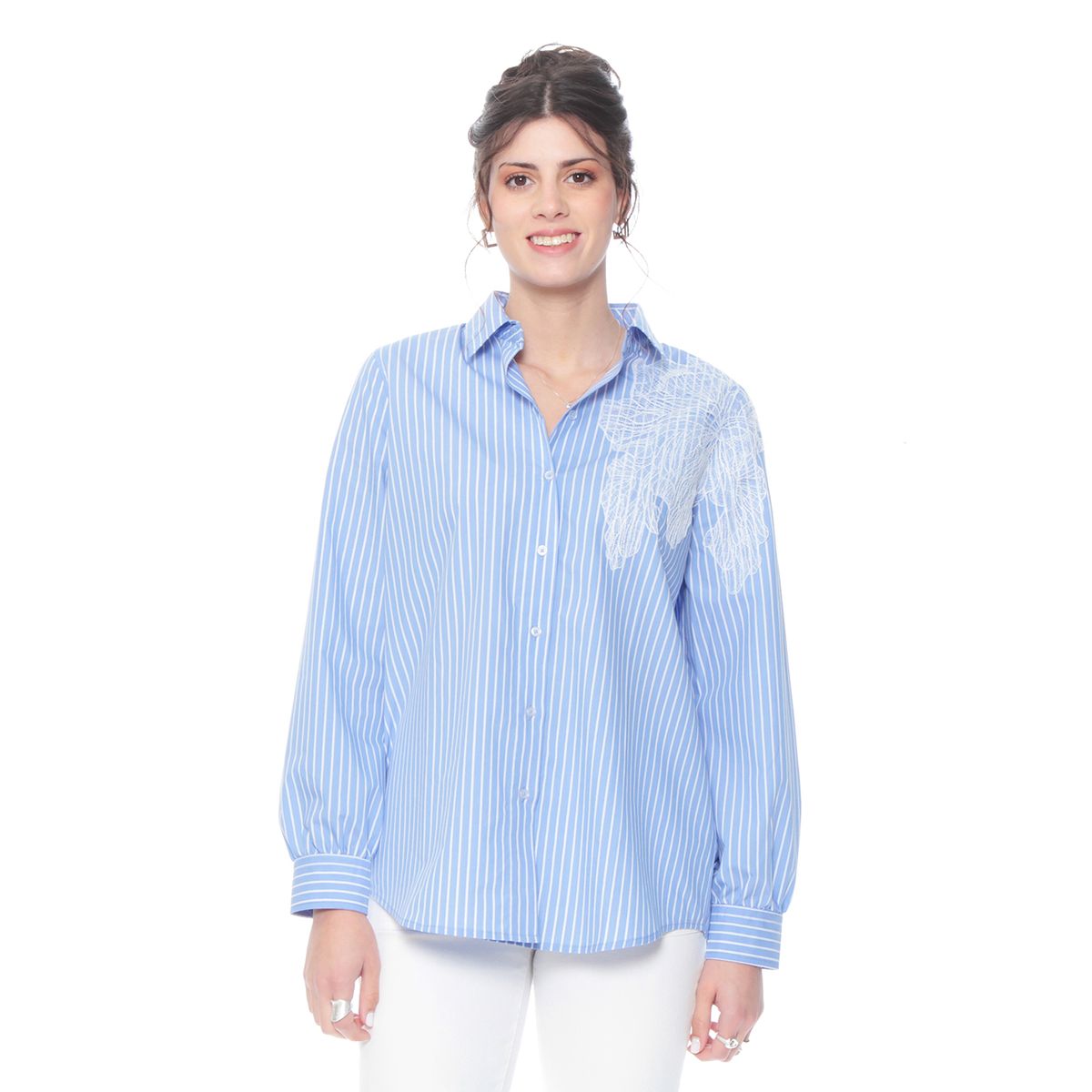 WADOS - BLUSA MANGA LARGA LISTADA CON BORDADO ABOTONADA EN DELANTERO