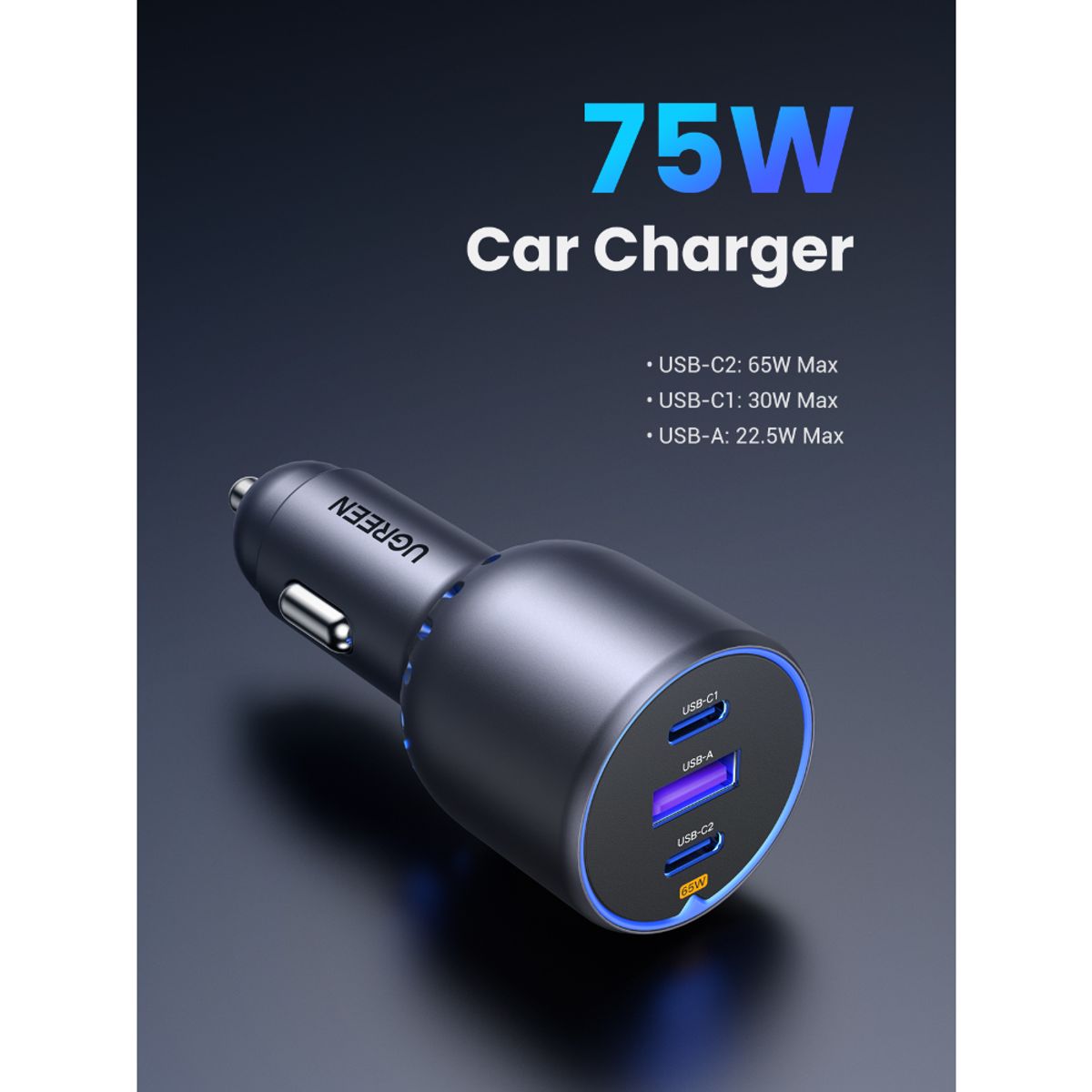 UGREEN - Cargador Auto 2USB-C + USB-A 75W Negro Ugreen