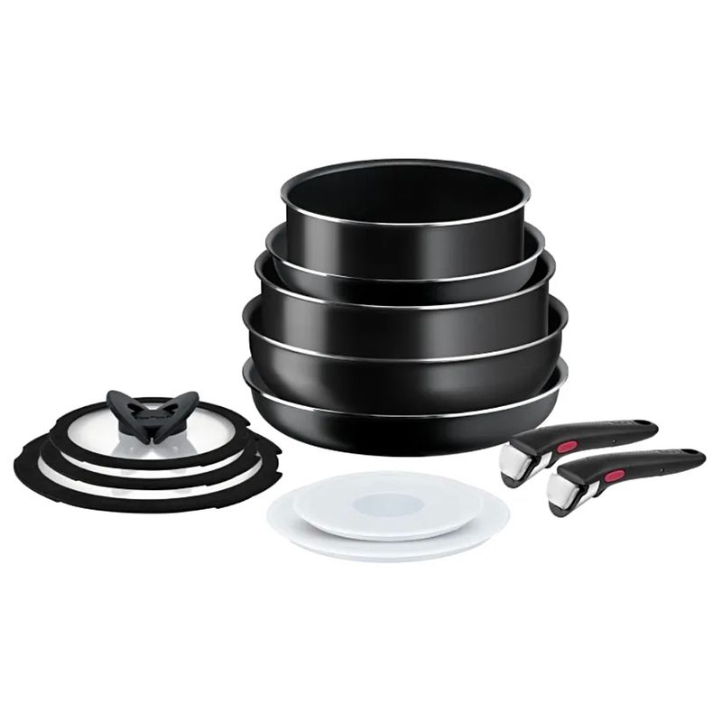 TEFAL - Batería De 12 Piezas + 2 Mangos Tefal Marca Francesa Color Negro