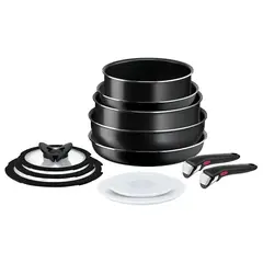 TEFAL - Batería De 12 Piezas + 2 Mangos Marca Francesa Color Negro