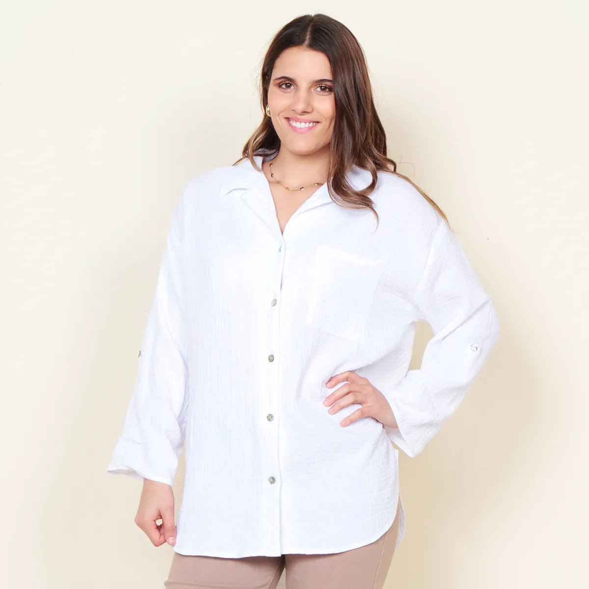 WADOS - BLUSA MANGA LARGA SOLIDA ABOTONADA EN EL DELANTERO Y BOLSILLO