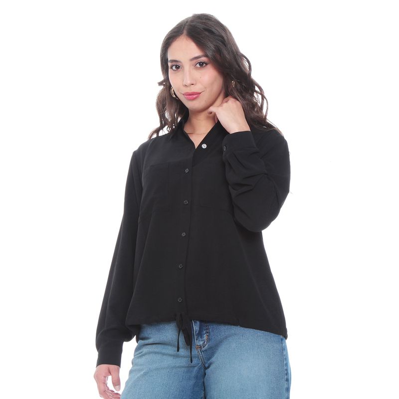 WADOS - BLUSA MANGA LARGA SOLIDA CON CINTURA AJUSTABLE Y BOLSILLOS_.