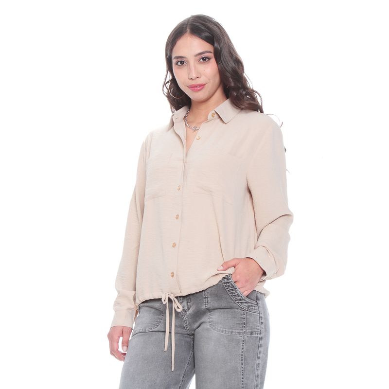 WADOS - BLUSA MANGA LARGA SOLIDA CON CINTURA AJUSTABLE Y BOLSILLOS_.