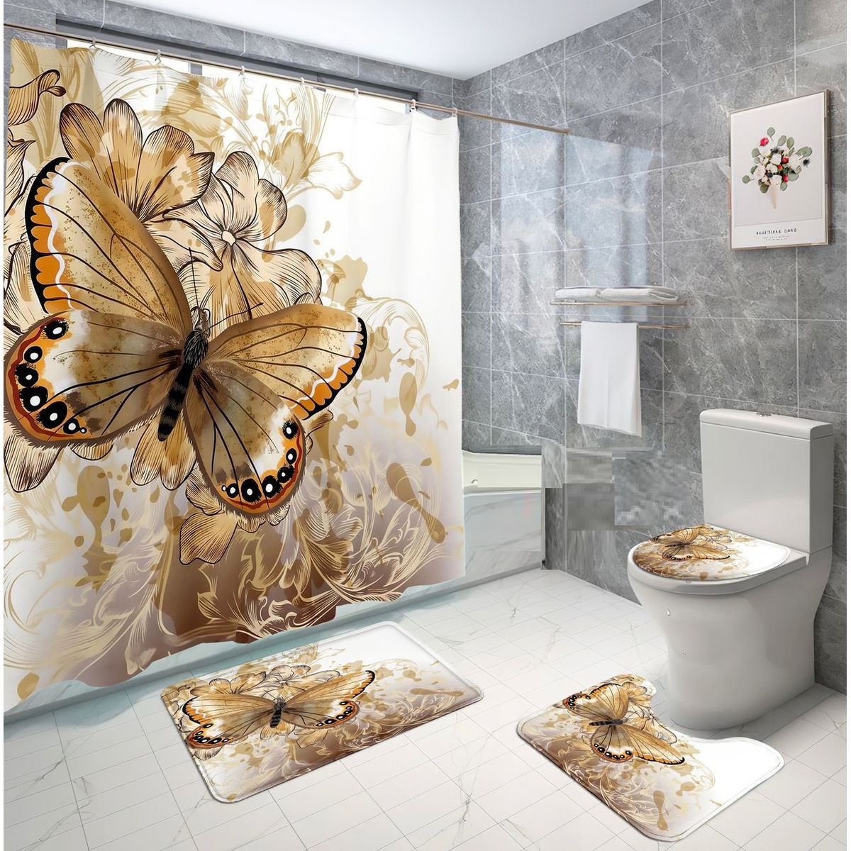 GENERICO - set de baño cortina de baño, alfombra, mariposa dorada  set 4 piezas wm