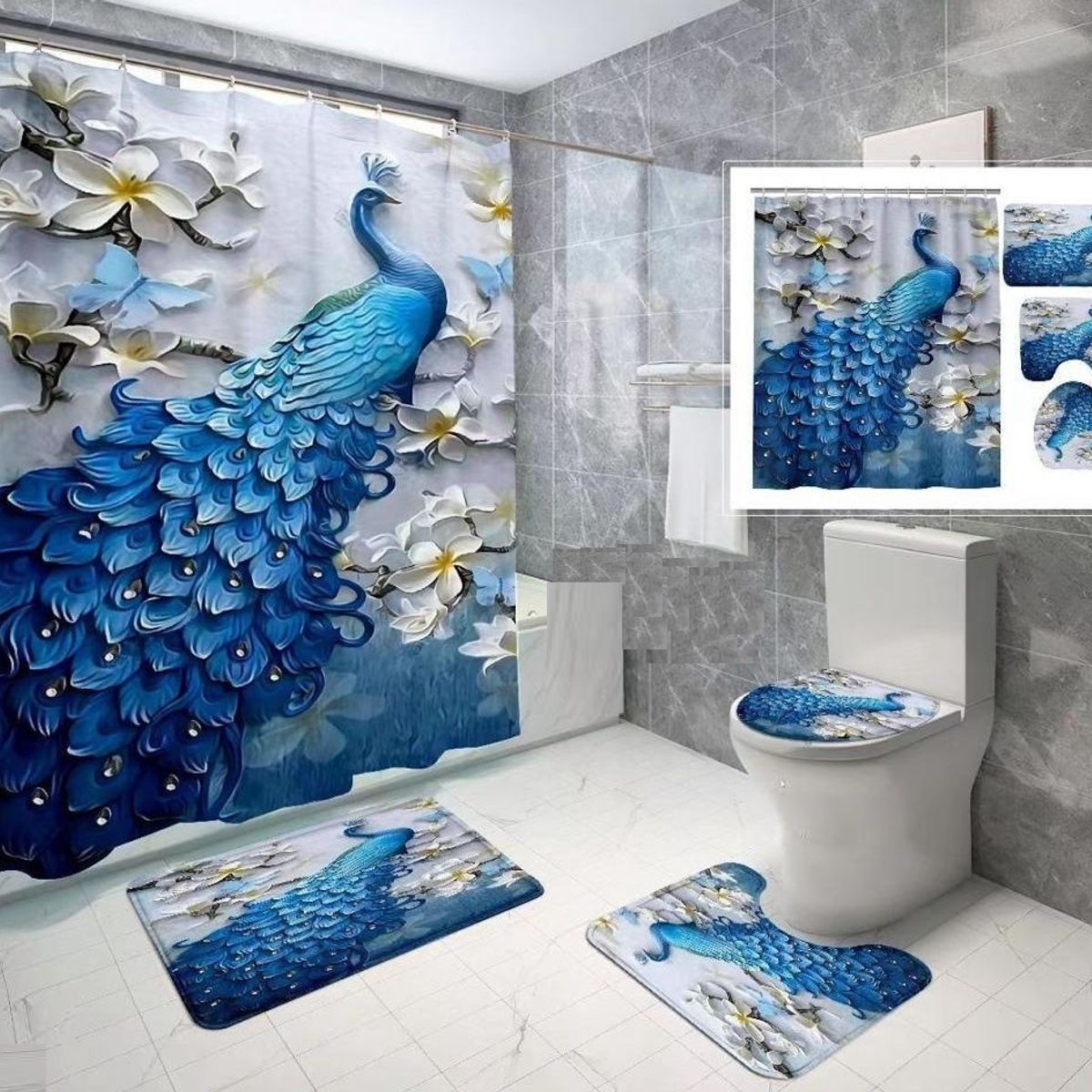 GENERICO - set de baño cortina de baño, alfombra, azul pavorreal 4 piezas wm