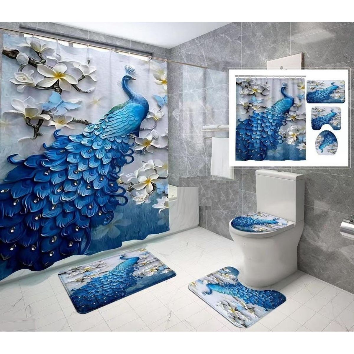 GENERICO - set de baño cortina de baño, alfombra, azul pavorreal 4 piezas wm