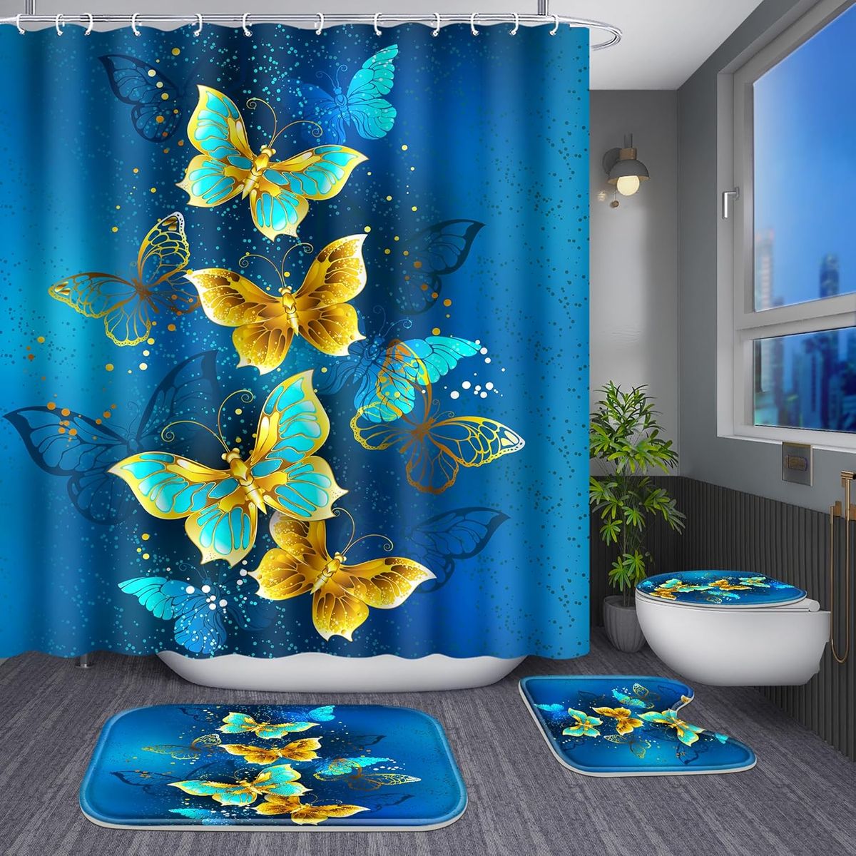 GENERICO - set de baño cortina de baño, alfombra, azul mariposas 4 piezas wm