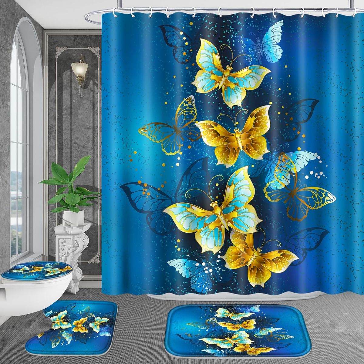 GENERICO - set de baño cortina de baño, alfombra, azul mariposas 4 piezas wm