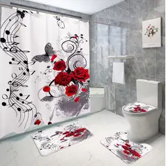 GENERICO - Set de baño cortina de baño, alfombra, rosa roja 4 piezas wm
