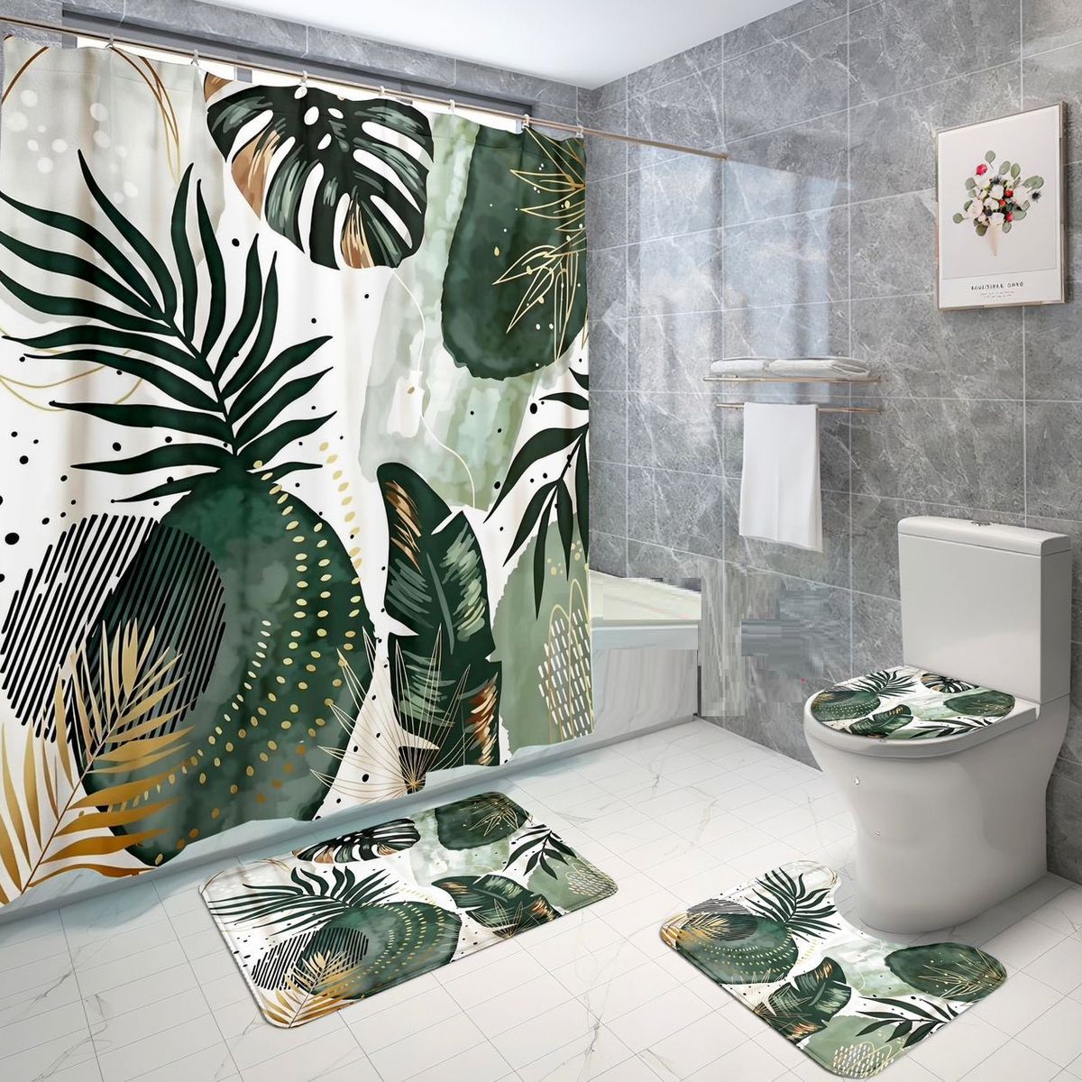 GENERICO - set de baño cortina de baño, alfombra, hojas verdes 4 piezas wm