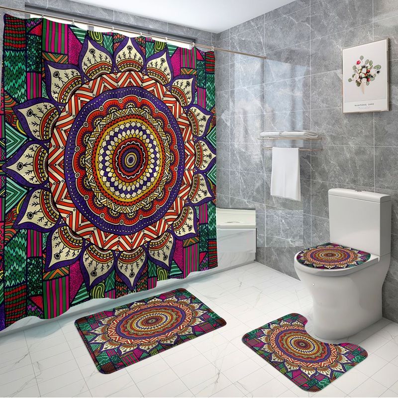 GENERICO - set de baño cortina de baño, alfombra, marrón mándala 4 piezas wm