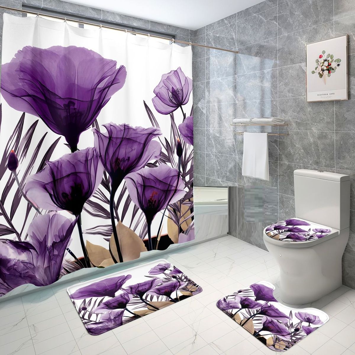 GENERICO - set de baño cortina de baño, alfombra, tulipán violeta 4 piezas wm
