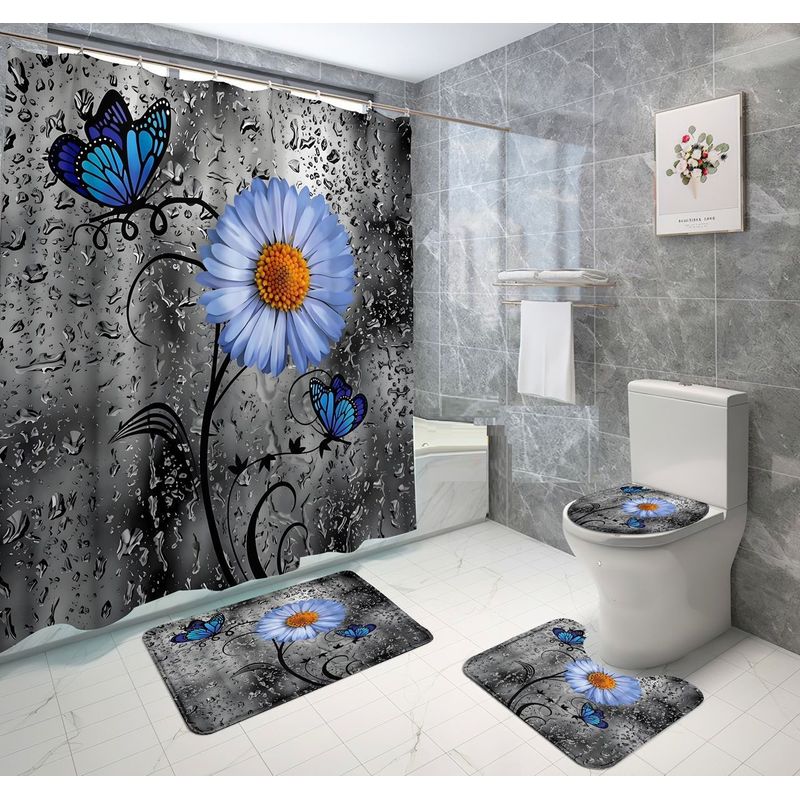 GENERICO - set de baño cortina de baño, alfombra, gris flor 4 piezas wm