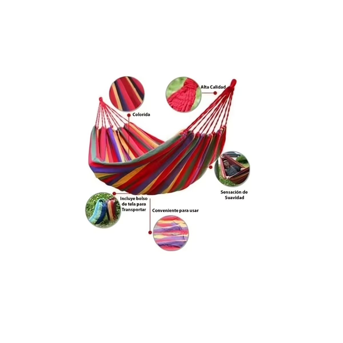 GENERICO - HAMACA COLGANTE 180X150CM DE ALGODON 2 PLAZAS ROJA