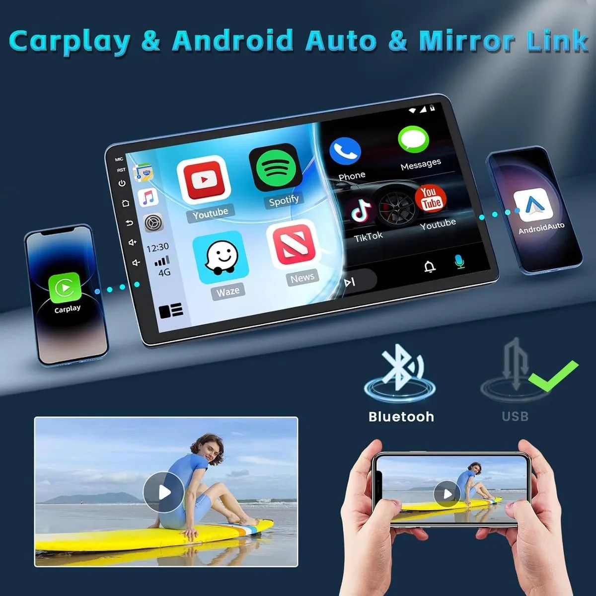 KUANGYE - Radio Auto Android Qled De 9 Con 8gb Ram 128gb Rom Carplay