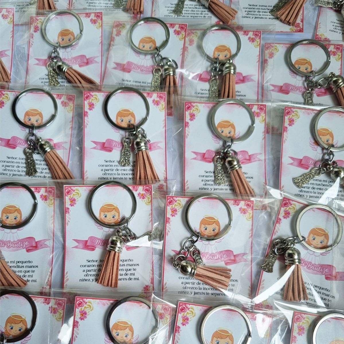 GENERICO - Encintados Recuerdos Bautizo 12 Llaveros + Tarjetas Bautismo