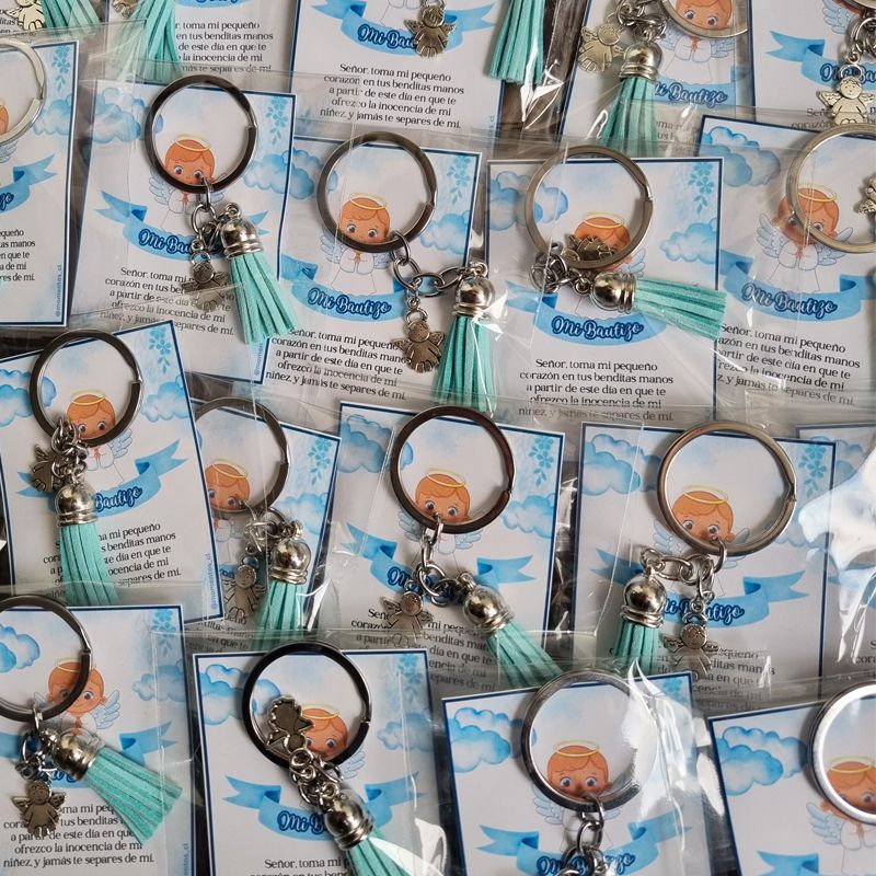 GENERICO - Encintados Recuerdos Bautizo 12 Llaveros + Tarjetas Bautismo