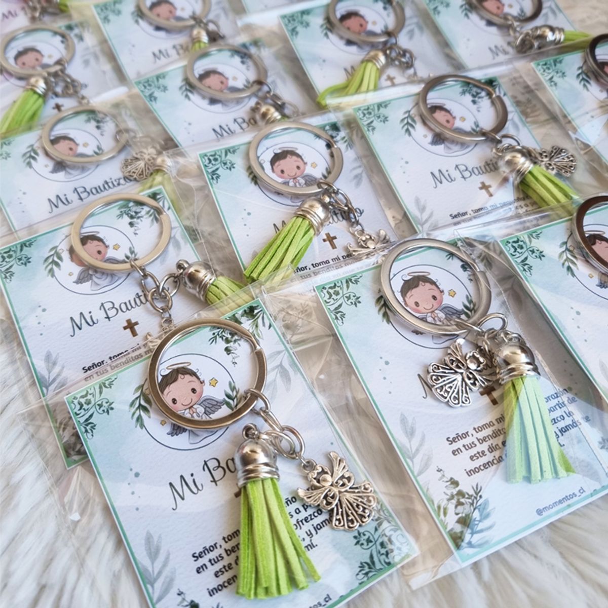 GENERICO - Encintados Recuerdos Bautizo 12 Llaveros + Tarjetas Bautismo