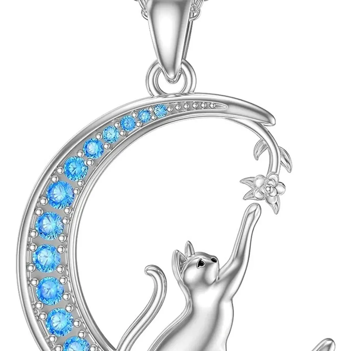 KUANGYE - Collar Colgante Mujer Bañado en plata Gato Luna Azul Regalo