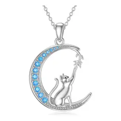 KUANGYE - Collar Colgante Mujer Bañado en plata Gato Luna Azul Regalo