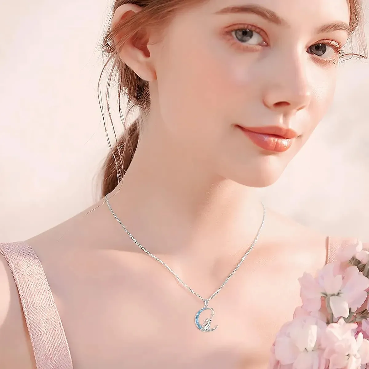 KUANGYE - Collar Colgante Mujer Bañado en plata Gato Luna Azul Regalo